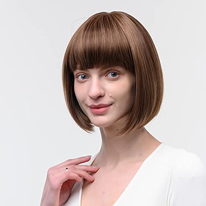 DILLARDS Blonde Mix Ombre Dark Brown Bob Closure Wig For Women Short Straight Synthetic Hair With Bangs Flapper Wigs For Daily Cosplay Brunette 10Inch - Image 3
